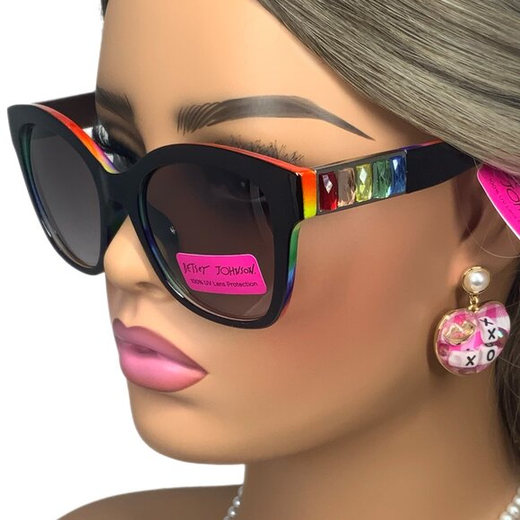 NWT Betsey Johnson Square Thick Black Rainbow Jeweled Rhinestone Sunglasses - Picture 5 of 16